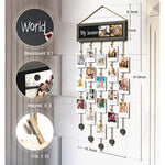 Collage Wall Decor Photo Display Wood Photo Board with 30 Clips Adjustable Twines and Blackboard for Multi Pictures Organizer