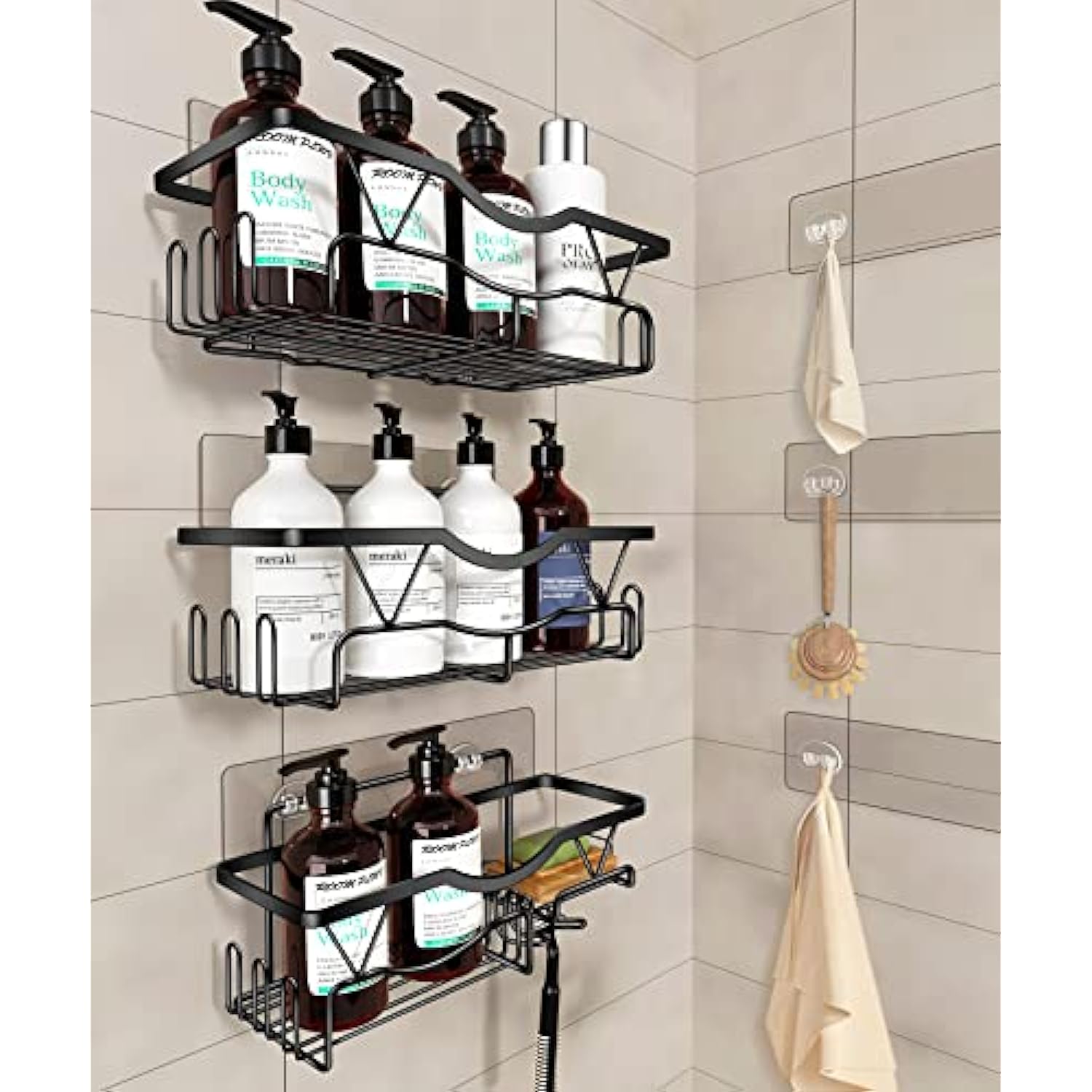 Shower Caddy Bathroom Shelf, No Drilling Traceless Adhesive Bathroom Storage  Organizer, Rustproof Food Storage Basket, 2-in-1 Kitchen Spice Racks (Matte  Black) 