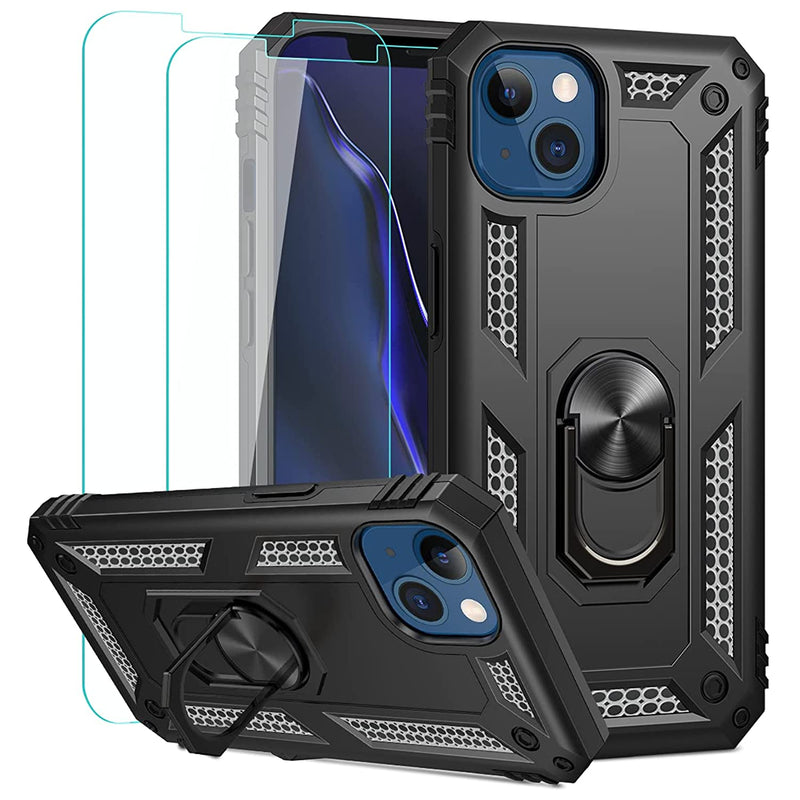Jincalu For Iphone 13 Case With 2 Pack Tempered Glass Screen Protector Military Grade Protection Shockproof Cover Case With Magnetic Ring Kickstand For Apple Iphone 13 6 1 Inch 2021 Black