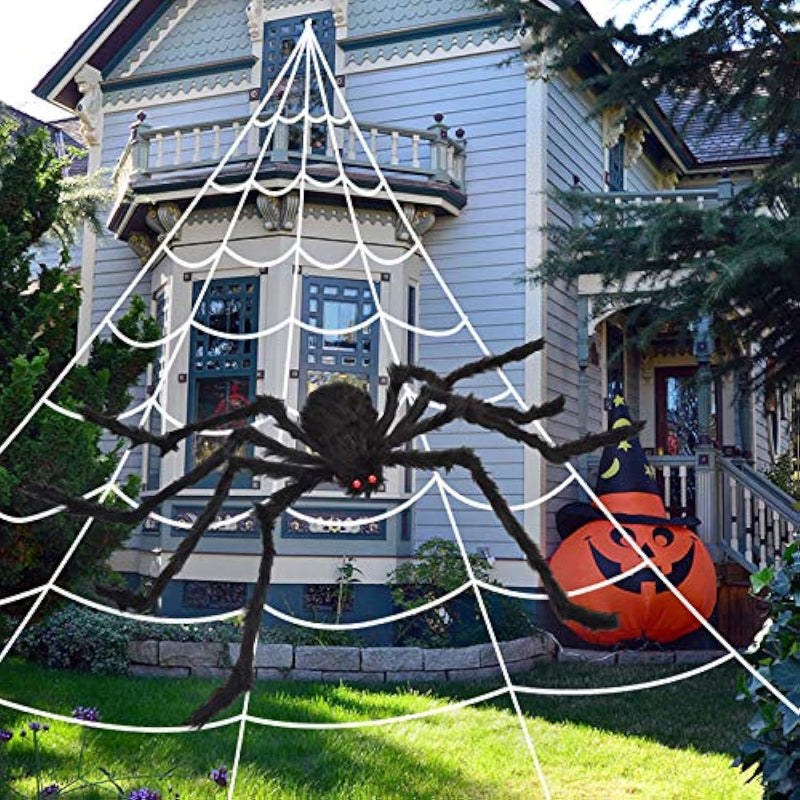 Fake Spider with Triangular Huge Spider Web for Indoor Outdoor Halloween Decorations