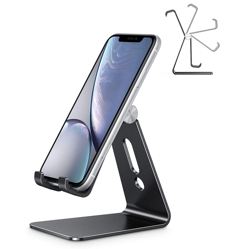 Adjustable Cell Phone Stand Omoton Aluminum Desktop Cellphone Stand With Anti Slip Base And Convenient Charging Port Fits All Smart Phones Black