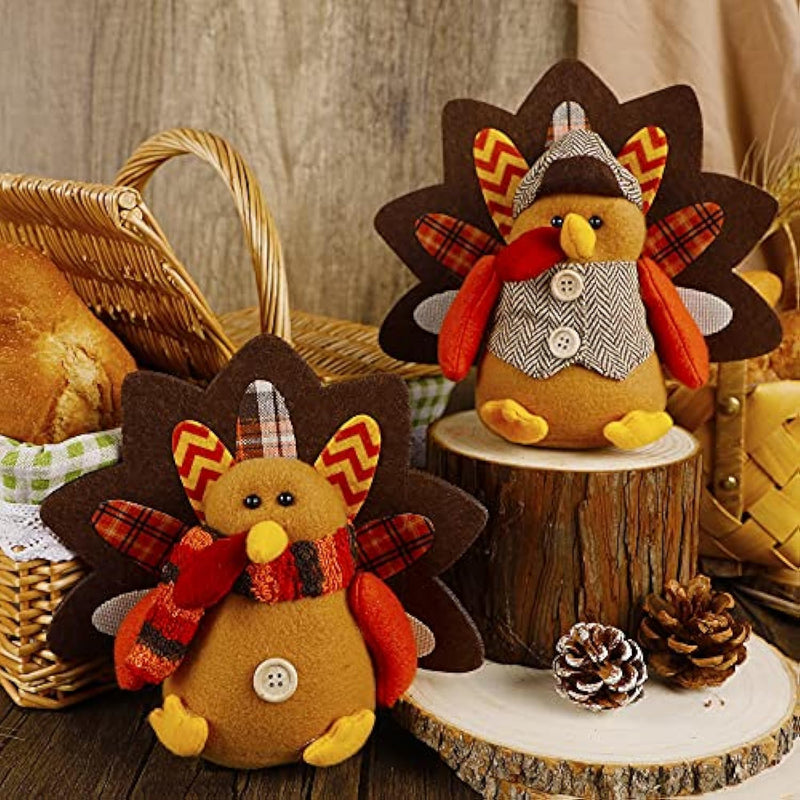 2 Pack Plush Stuffed Turkeys Shelf Sitters Figurine Gift for Thanksgiving