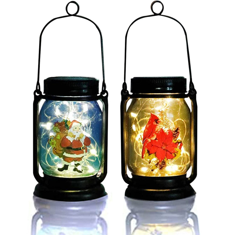Mason Jar Lights With Red Bird Santa Claus Decor