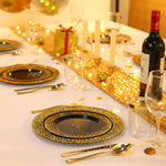 25Pcs New Year Plates Black Plastic Plates With Gold Rim Disposable Gold Plastic Silverware Black With Gold Lace Dinnerware For Thanksgiving Wedding Parties