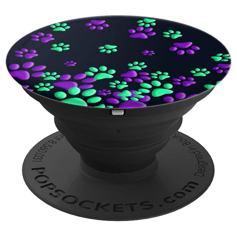 Purple Green Dog Paw Print On Black Grip And Stand For Phones And Tablets