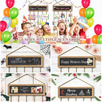 Collage Wall Decor Photo Display Wood Photo Board with 30 Clips Adjustable Twines and Blackboard for Multi Pictures Organizer