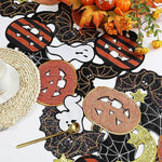 Embroidered Black Table Runner with Halloween Decorations for Kitchen & Dining Cofee Table