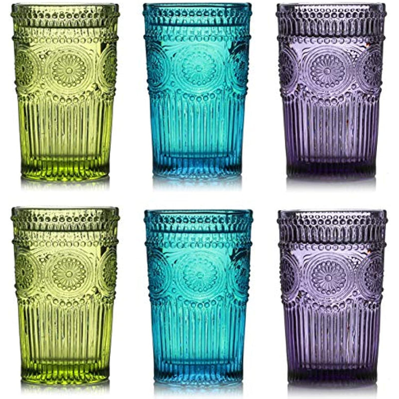 6 Pack 12 Oz Vintage Drinking Glasses Embossed Romantic Water Glassware