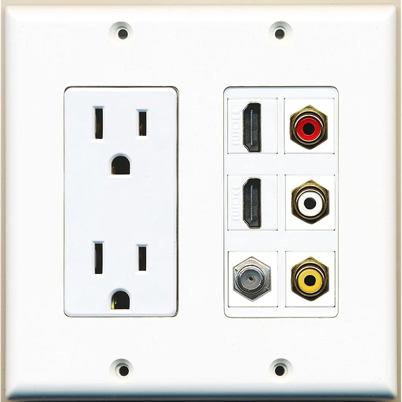 Riteav 2 X 15 Amp 125V Power Outlet 3 X Rca 2 X Hdmi And 1 X Coax Cable Tv Port Wall Plate White