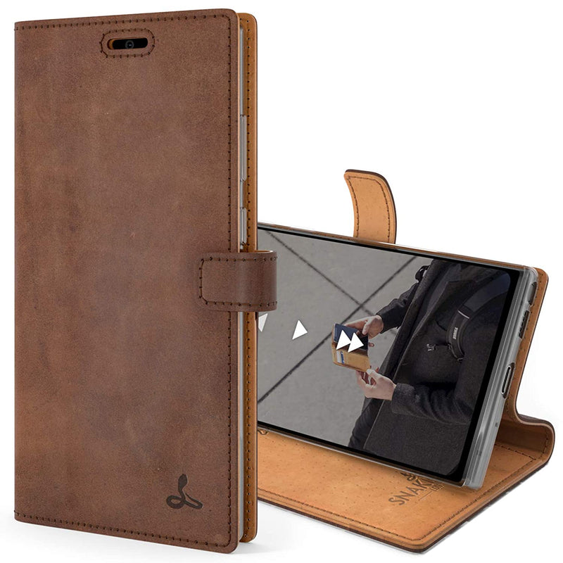 vintage wallet for samsung galaxy s20 ultra || real leather wallet phone case || genuine leather with viewing stand & 3 card holder || flip folio cover with card slot (brown)