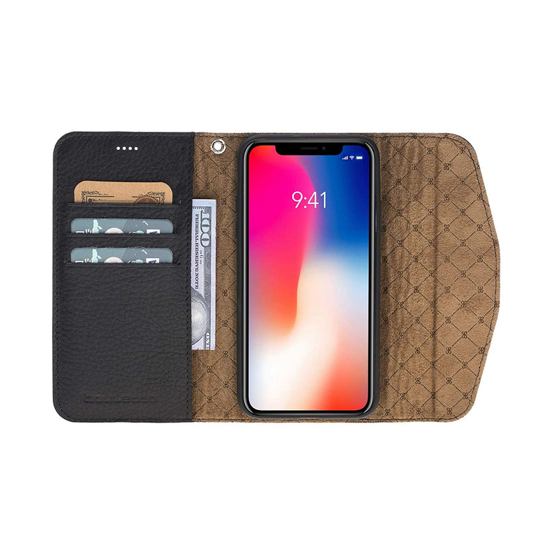Full Magic Stand Wallet Case For Iphone X Xs W Wrist Strap Magnetic Flip Card Slots And A Bill Pocket Multifunctional Handcrafted Genuine Premium Leather Slim Phone Wallet Black