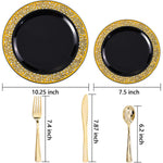 25Pcs New Year Plates Black Plastic Plates With Gold Rim Disposable Gold Plastic Silverware Black With Gold Lace Dinnerware For Thanksgiving Wedding Parties