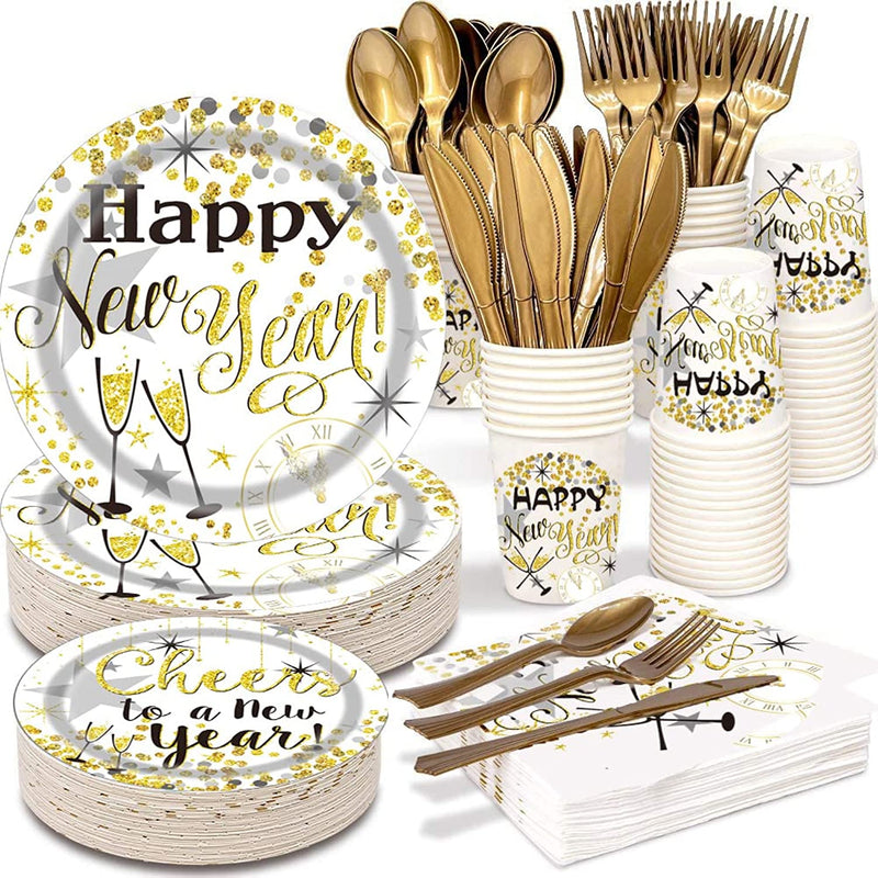 2023 Happy New Year Party Supplies Tableware Set Of 150 Pcs Disposable Dinnerware Tablecloth Set Paper Plates Napkins Cups Gold Plastic Forks Knives Spoons