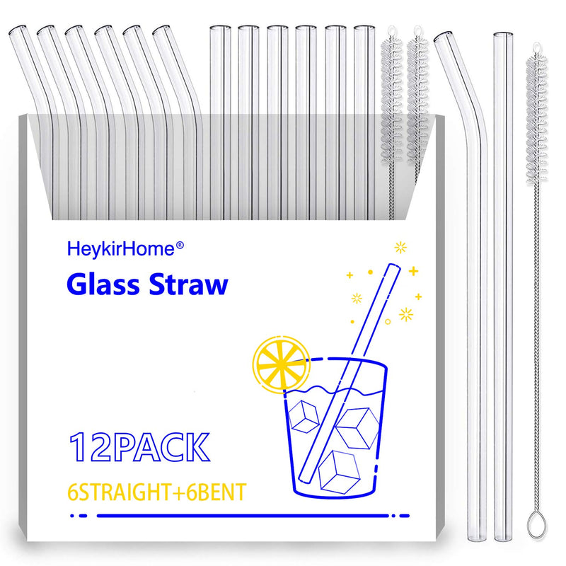12 Pack Reusable Glass Straw Size 8 5X10 Mm Including 6 Straight And 6 Bent With 2 Cleaning Brush Perfect For Smoothies Tea Juice
