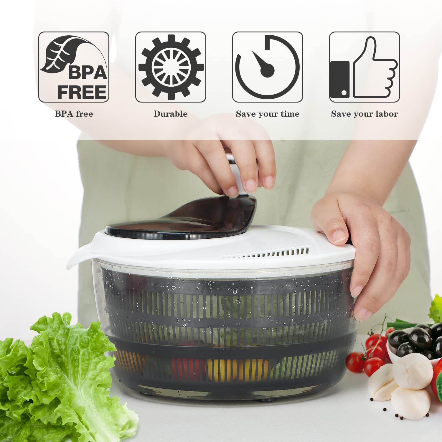 Large Salad Spinner BPA Free-Manual Lettuce Dryer and Vegetable Washer with  Quick Dry Design,Draining Lettce and Vegetable with Ease,including Clear