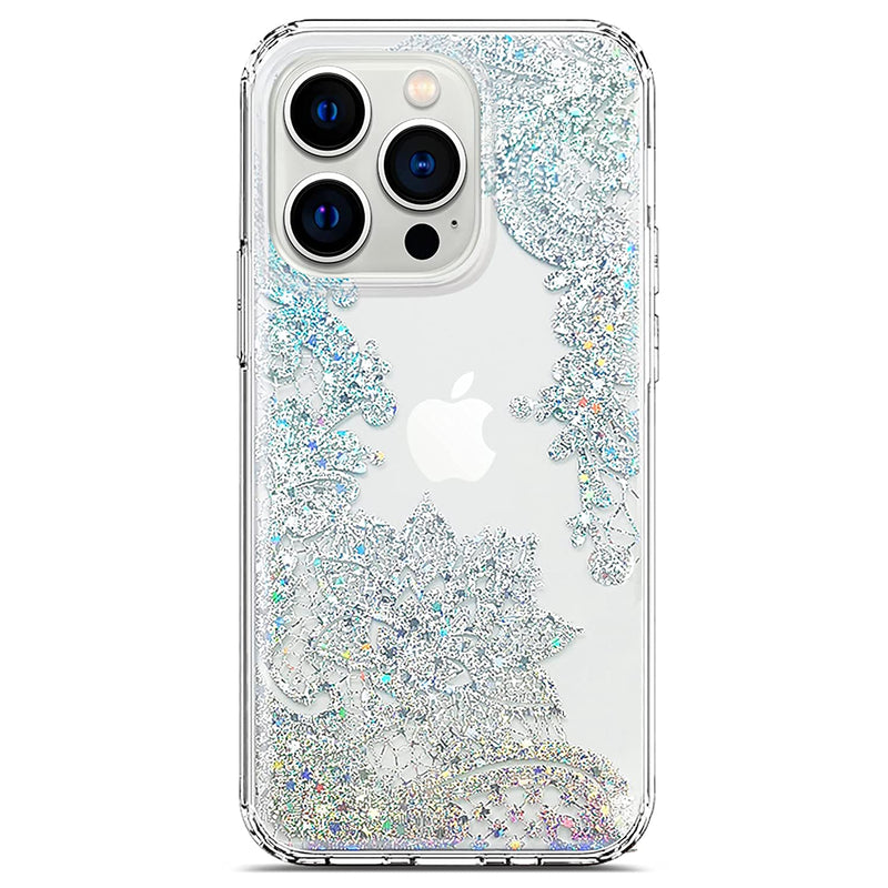Coolwee Clear Glitter Compatible Iphone 13 Pro Case Flower Slim Cute Crystal Lace Bling Shiny Women Girl Floral Hard Back Soft Tpu Bumper Protective Cover Compatible Apple Iphone 13 Pro Mandala Henna
