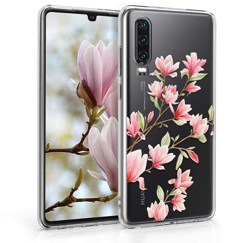 kwmobile Clear Case Compatible with Huawei P30 - Soft TPU Phone Back Cover - Magnolias Pink/White/Transparent