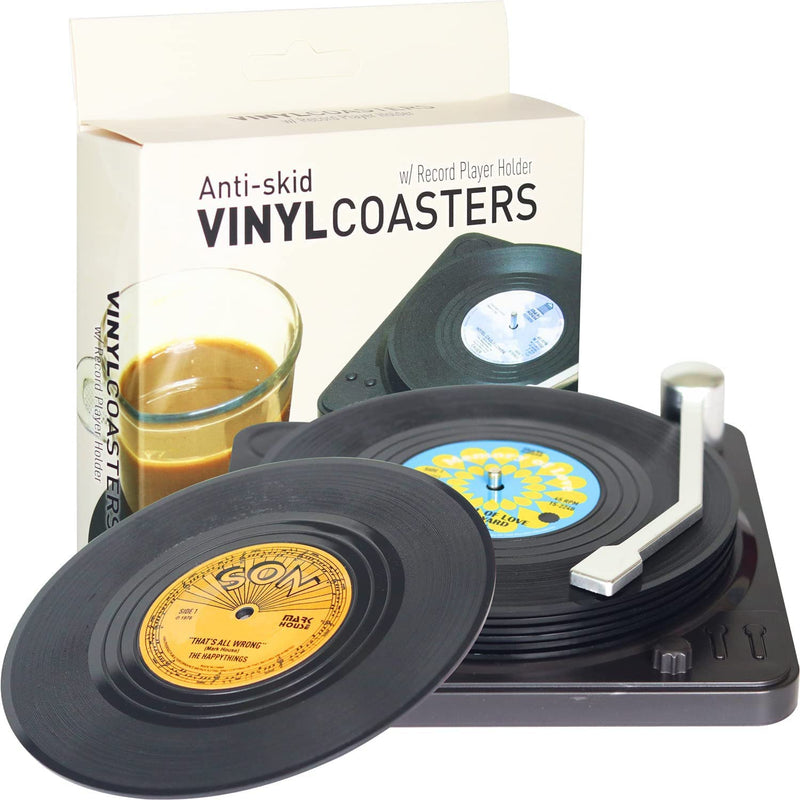 Funny Retro Vinyl Record Coasters For Drinks With Vinyl Record Player Holder For Music Lovers Set Of 6 Conversation Piece Sayings Drink Coaster Housewarming Hostess Gifts Wedding Registry Gift Ideas