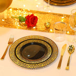 25Pcs New Year Plates Black Plastic Plates With Gold Rim Disposable Gold Plastic Silverware Black With Gold Lace Dinnerware For Thanksgiving Wedding Parties