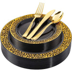 25Pcs New Year Plates Black Plastic Plates With Gold Rim Disposable Gold Plastic Silverware Black With Gold Lace Dinnerware For Thanksgiving Wedding Parties