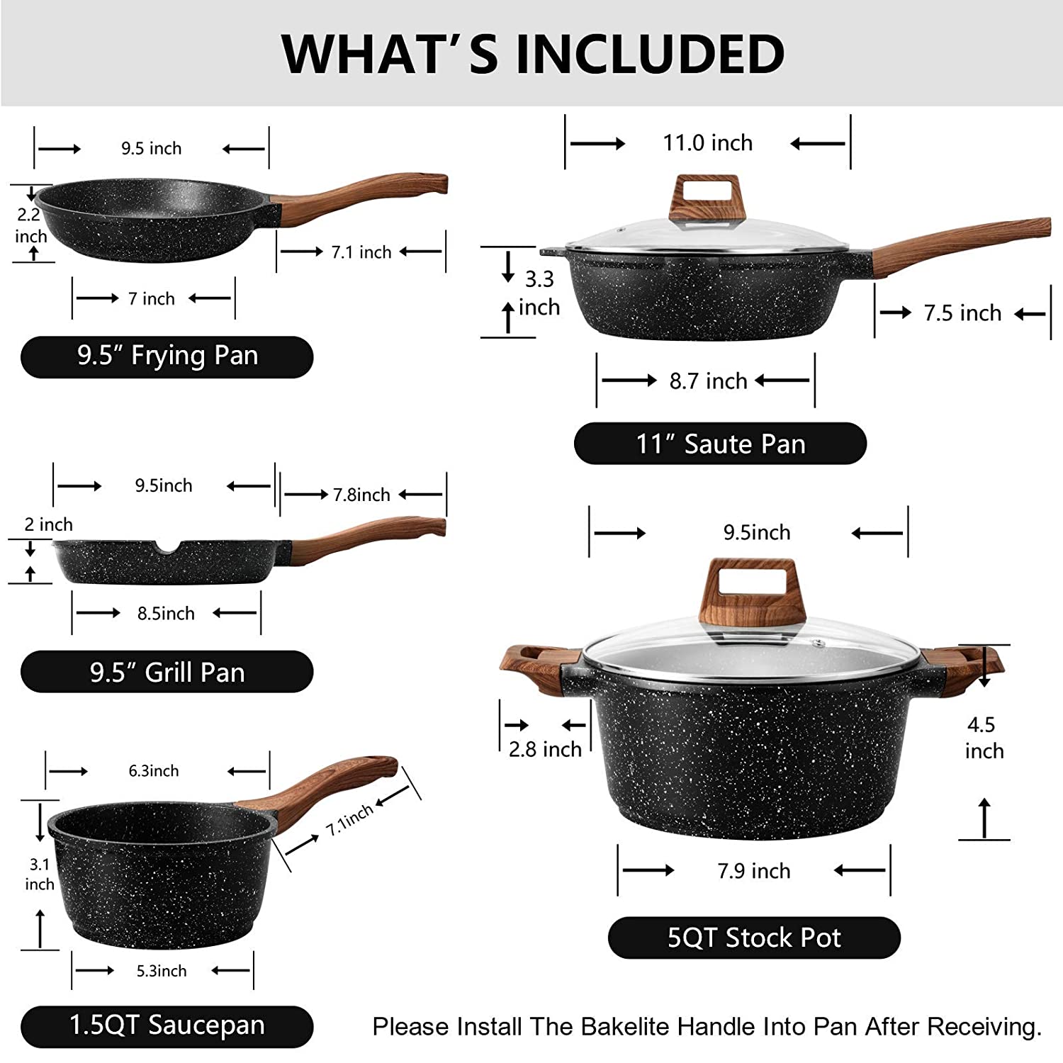 ESLITE LIFE Frying Pan Set Nonstick Skillet Set Induction Compatible With  Granite Coating 3 Piece, 8 Inch, 9.5 Inch and 11 Inch