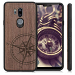 kwmobile Wooden Case Compatible with LG G7 ThinQ/Fit/One - TPU Bumper - Navigational Compass Dark Brown
