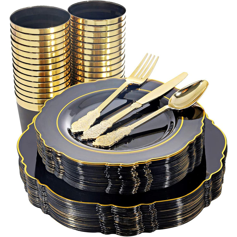 30Guest Clear Black Plastic Plates With Gold Rim Disposable Plastic Silverware Gold Plastic Cups Include 30 Dinner Plates 30 Salad Plates 30 Forks 30 Knives 30 Spoons 30 Tumblers