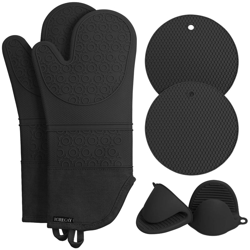 Extra Long Oven Mitts And Pot Holders Sets Heat Resistant Silicone Oven Mittens With Mini Oven Gloves And Hot Pads Potholders For Kitchen Baking Cooking Quilted Liner Black Pack Of 6