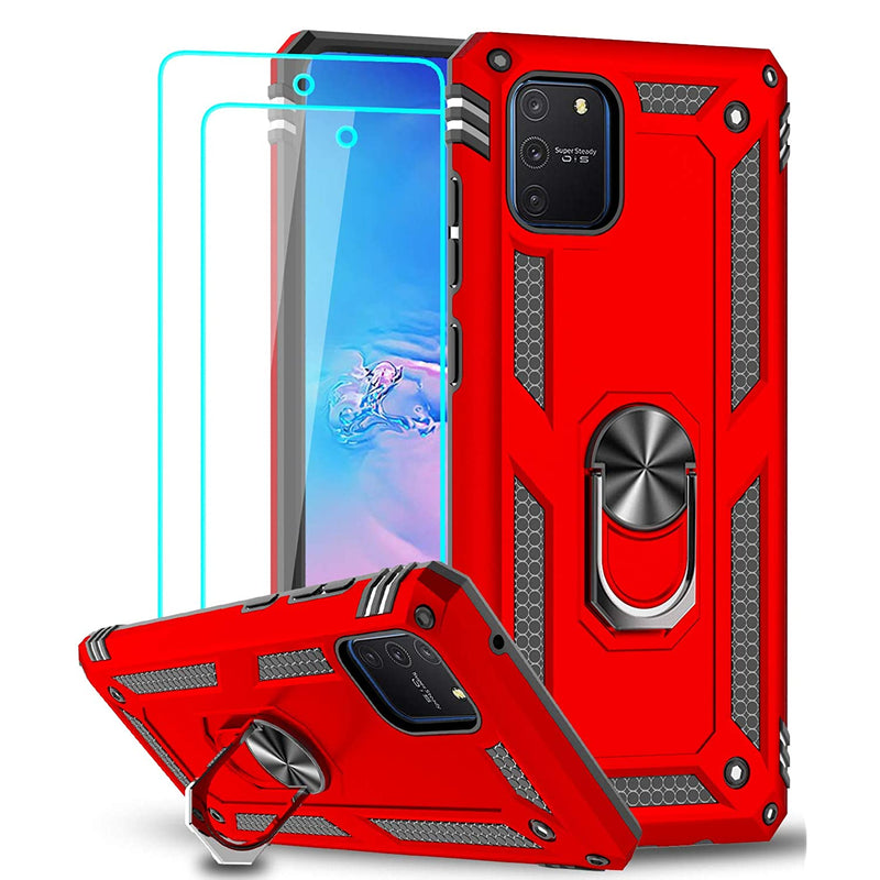Samsung Galaxy S10 Lite A91 M80S Case With Tempered Glass Screen Protector 2Pack Military Grade Protective Phone Case With Car Ring Holder Kickstand For Samsung S10 Lite A91 M80S Red
