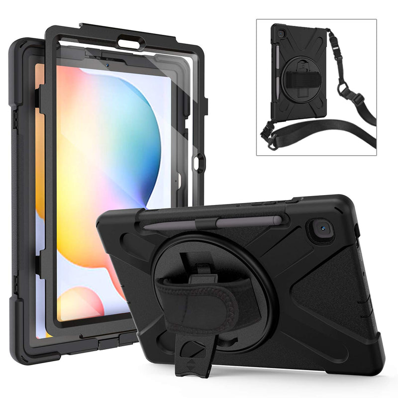 Galaxy Tab S6 Lite Case With Screen Protector Heavy Duty Hard Rugged Protective Case With 360 Rotating Stand Hand Shoulder Strap For Samsung Galaxy Tab S6 10 4 Model Sm P610 P615 2020 Black