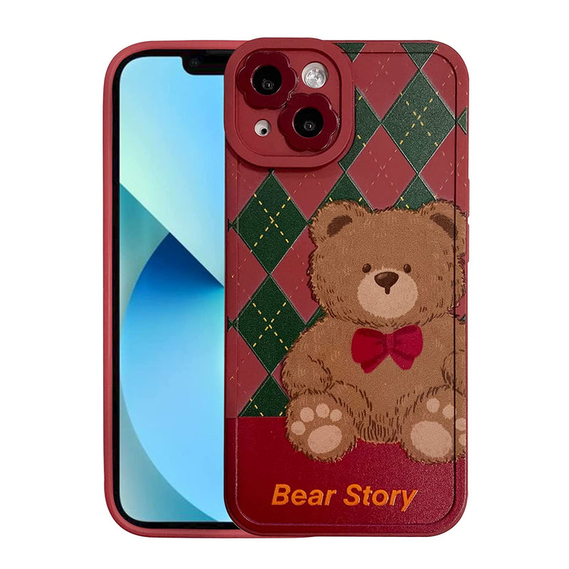 Nititop Compatible With Iphone 13 Case Cute Bear Flower Splicing Diamond Lattice Christmas Retro Red Wine Color Contrast Cartoon Soft Lens Protective For Women Girl For Iphone 13 Bear