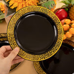 25Pcs New Year Plates Black Plastic Plates With Gold Rim Disposable Gold Plastic Silverware Black With Gold Lace Dinnerware For Thanksgiving Wedding Parties