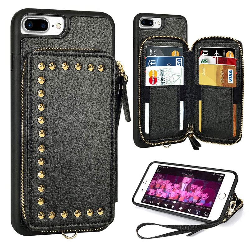 Iphone 7 Plus Wallet Case Iphone 8 Plus Zipper Wallet Case With Credit Card Holder Slot Rivet Design Handbag Purse Wrist Strap Protective Case For Apple Iphone 7 Plus 8 Plus 5 5 Inch Black