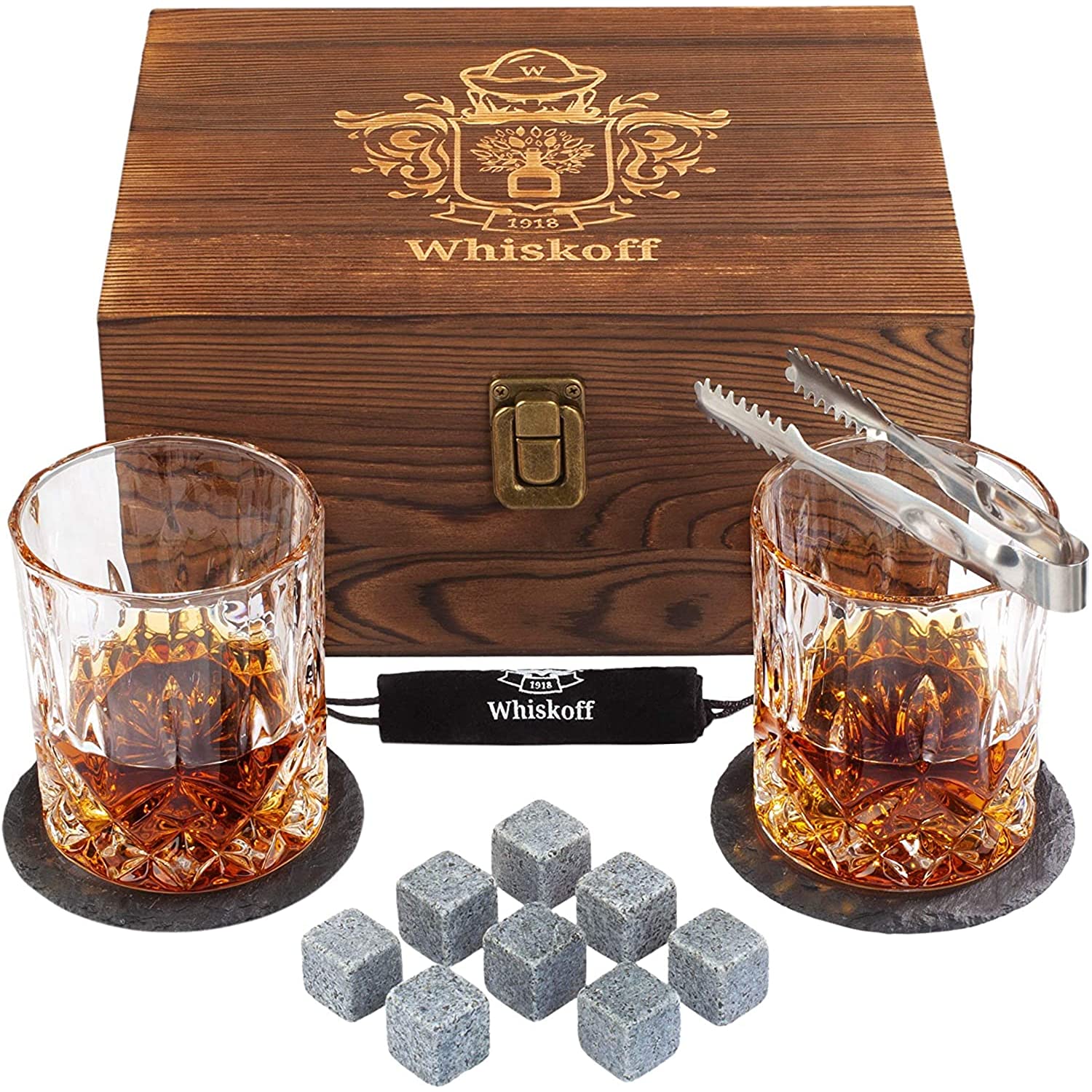 Whiskey Glass Set of 2, Crystal Glasses with Chilling Stones, Perfect  Wedding Gift for Couples, Wood Box Included 