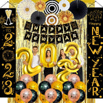 New Years Eve Party Supplies 2023 Include Happy New Year Porch Sign Black And Gold Paper Fans 2023 Foil Balloons Banner Foil Curtain Balloons
