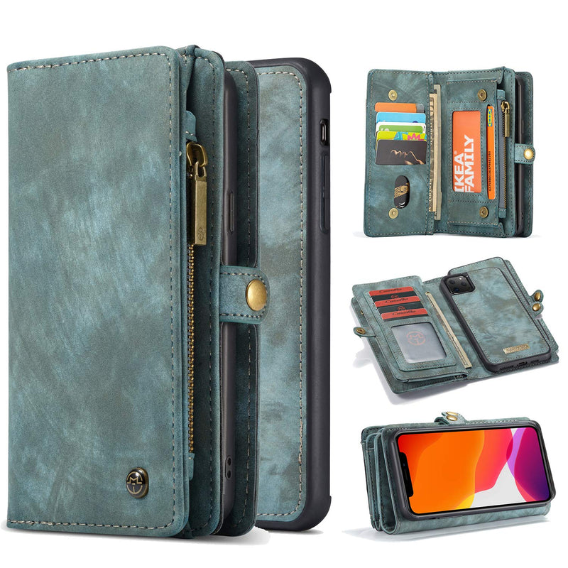 11 Card Slot Magnetic Closure Detachable Removable Flip Handmade Premium Cowhide Leather Wallet Purse Case With Zipper Case Protective Cover For Iphone 11 Pro Max Green