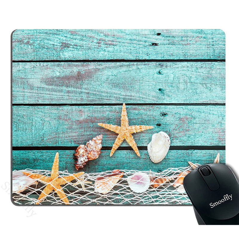 Smooffly Gaming Mouse Pad Custom Pretty Turquoise Blue Nautical Background Decorated With Draped Fishing Net And Starfish On Painted Rustic Wooden Boards Mouse Pad