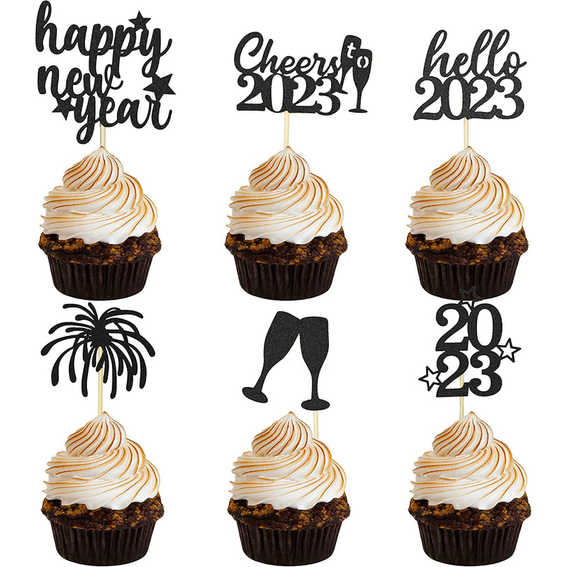 Happy New Year Decorations Cupcake Toppers Black Glitter Hello 2023 Cheers To 2023 36Pcs