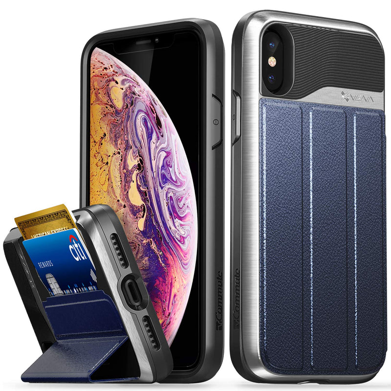 Iphone Xs X Wallet Case Vcommute Military Grade Drop Protection Flip Leather Cover Card Slot Holder Compatible With Iphone Xs X Silver Pc Blue Leather Black Tpu