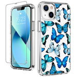 Luhouri Clear Iphone 13 Case With Screen Protector Blue Butterflies Floral Flower Designs On Crystal Cover For Women Girls Protective Phone Case For Iphone 13 13 Pro 6 1