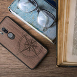 kwmobile Wooden Case Compatible with LG G7 ThinQ/Fit/One - TPU Bumper - Navigational Compass Dark Brown