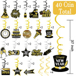 40Pcs Happy New Year Hanging Swirls Gold And Black Swirls Decoration For New Years Eve Party 2023 New Years Party Nye Party Supplies